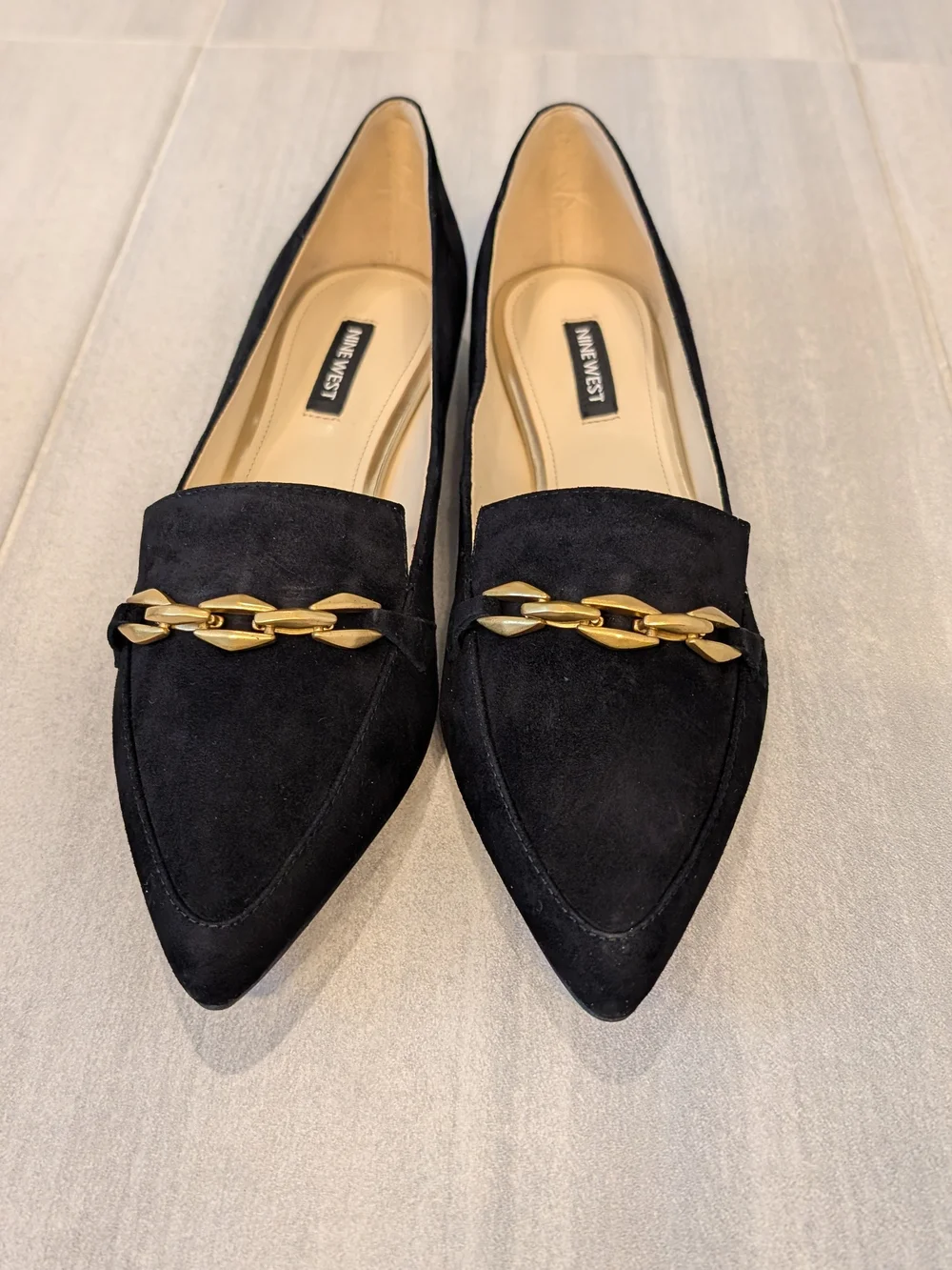 Nine West Black Suede flats with chic accent chain - NIB